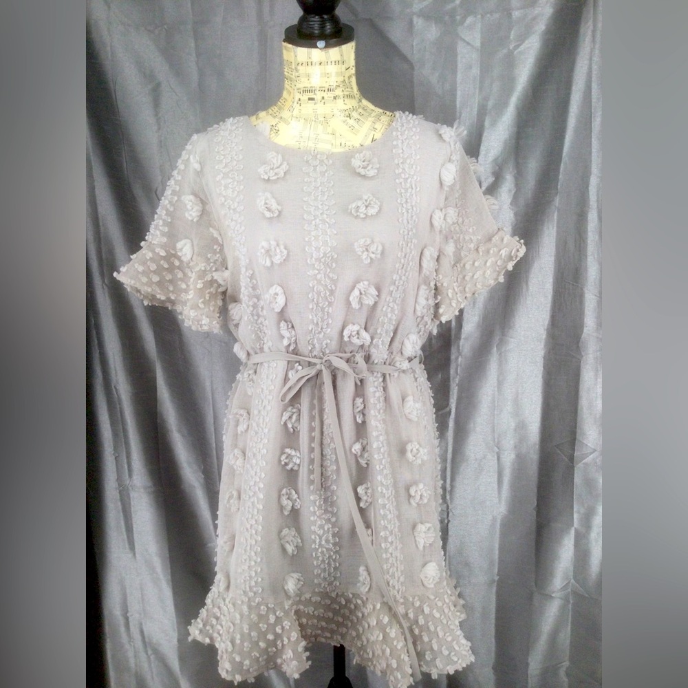 Grey med. summer dress by &merci with textured pom pom detailing, elastic waist.